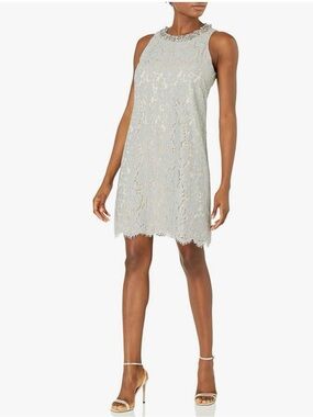 Eliza J Embellished Neck Gray Lace Shift Dress 10